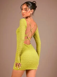 SHEIN BAE 露背交叉緊身洋裝 - 芥末黃 - 查看 6