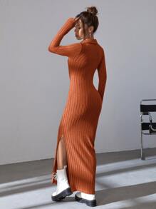 SHEIN Essnce Đầm Chia Gân đan màu trơn Giải trí - Rỉ Nâu - Xem 2