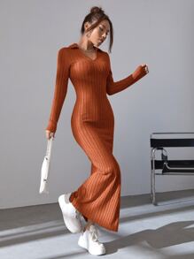 SHEIN Essnce Đầm Chia Gân đan màu trơn Giải trí - Rỉ Nâu - Xem 3