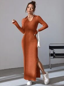 SHEIN Essnce Đầm Chia Gân đan màu trơn Giải trí - Rỉ Nâu - Xem 4