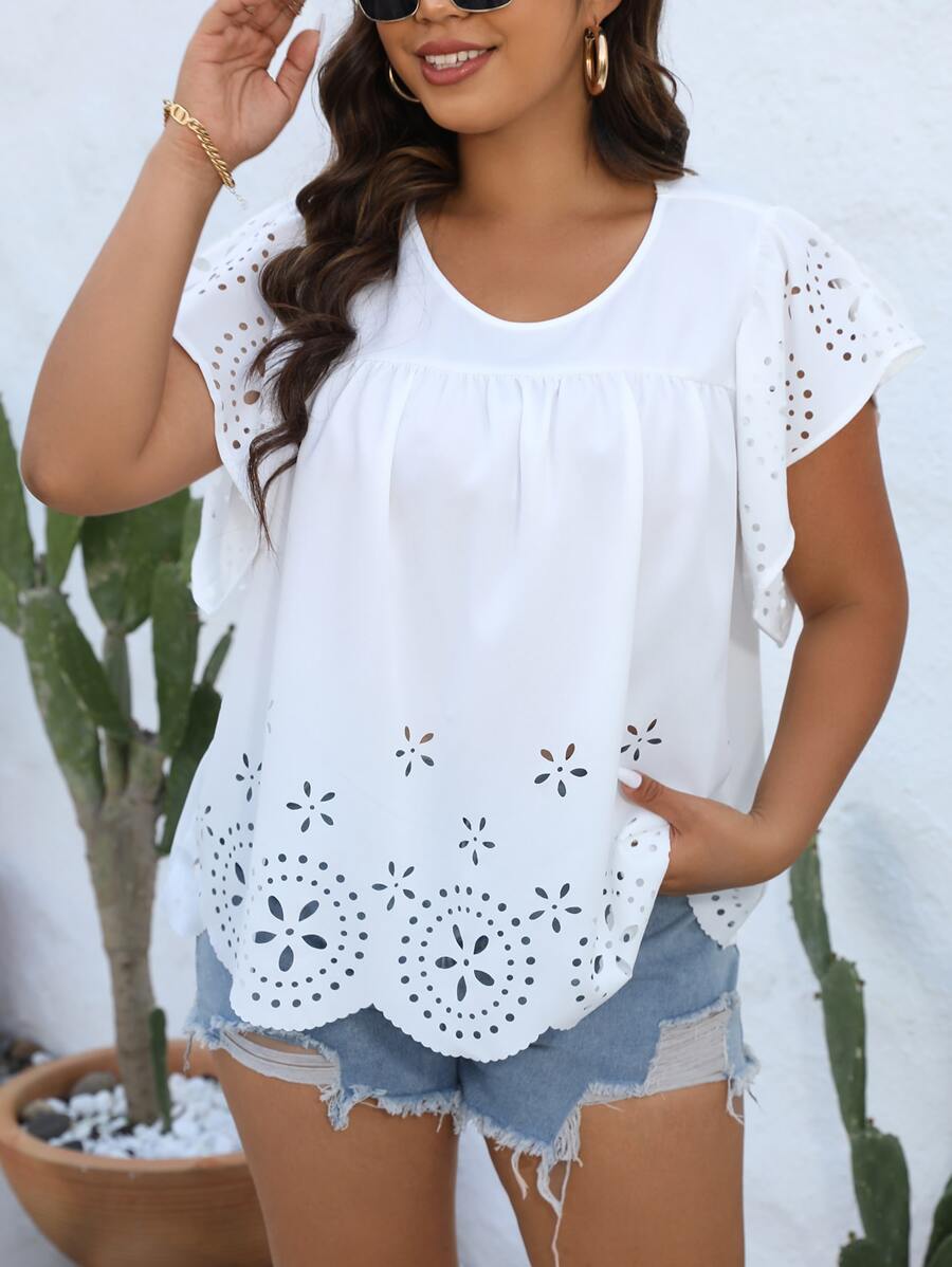SHEIN Clasi Plus Laser Cut Scallop Trim Butterfly Sleeve Blouse - White - View 1