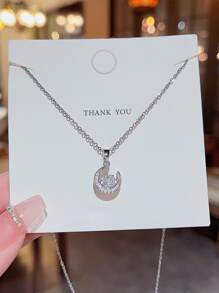 1pc Fashionable Versatile High-End Moon Pendant Necklace - Silver - View 1