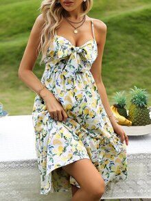 SHEIN VCAY Allover Floral Print Knot Front Cami Dress - White - View 4