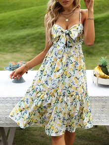 SHEIN VCAY Allover Floral Print Knot Front Cami Dress - White - View 6