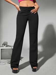 SHEIN ICON Solid Flare Leg Trousers - Black - View 1