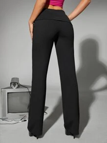 SHEIN ICON Solid Flare Leg Trousers - Black - View 2