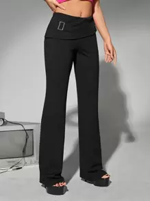 SHEIN ICON Solid Flare Leg Trousers - Black - View 3