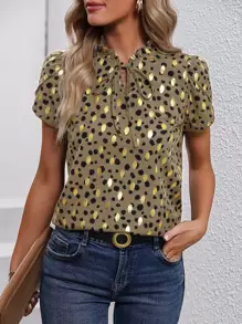 SHEIN LUNE 滿版印花繫帶領襯衫 - 卡其色 - 查看 1