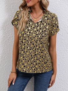 SHEIN LUNE 滿版印花繫帶領襯衫 - 卡其色 - 查看 5