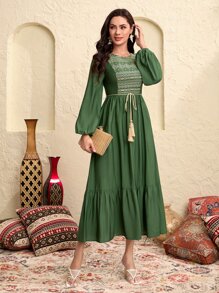 Seusyu Váy Ả Rập Thêu mép Viên lá sen Hình học Boho - xanh quân đội - Xem 1