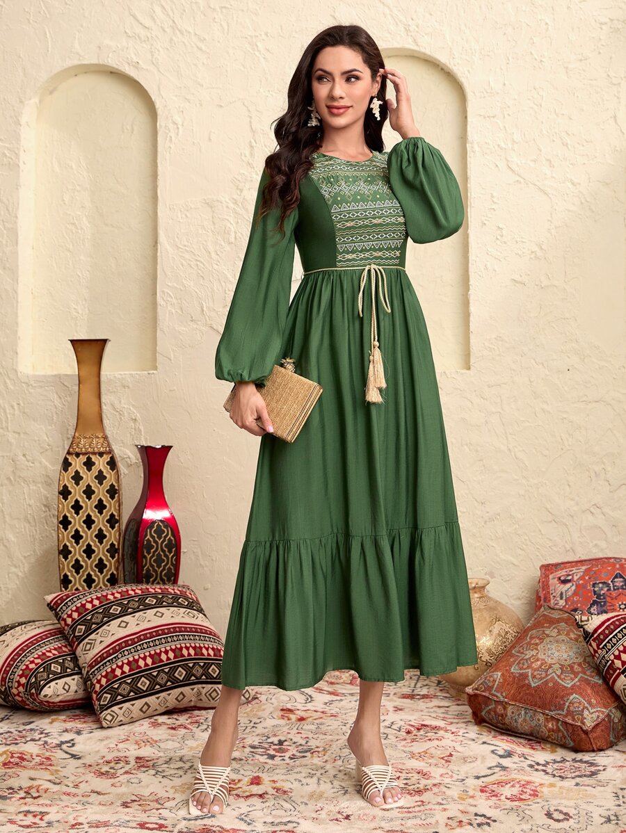 Seusyu Váy Ả Rập Thêu mép Viên lá sen Hình học Boho - xanh quân đội - Xem 1