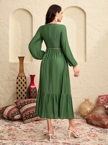 Seusyu Váy Ả Rập Thêu mép Viên lá sen Hình học Boho - xanh quân đội - Xem 2