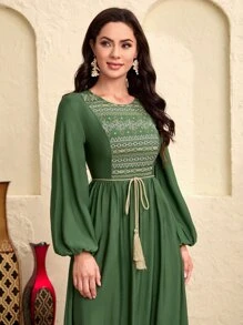 Seusyu Váy Ả Rập Thêu mép Viên lá sen Hình học Boho - xanh quân đội - Xem 4