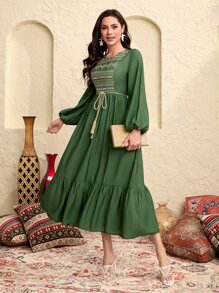 Seusyu Váy Ả Rập Thêu mép Viên lá sen Hình học Boho - xanh quân đội - Xem 5