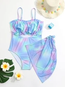 女孩紮染褶邊鏤空連體泳衣附沙灘裙 - 彩色 - 查看 4