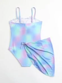 女孩紮染褶邊鏤空連體泳衣附沙灘裙 - 彩色 - 查看 5