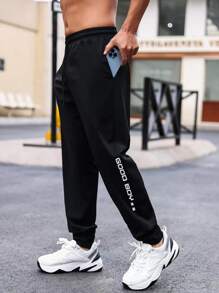 Men Letter Graphic Drawstring Waist Sports Trousers - Black - View 7