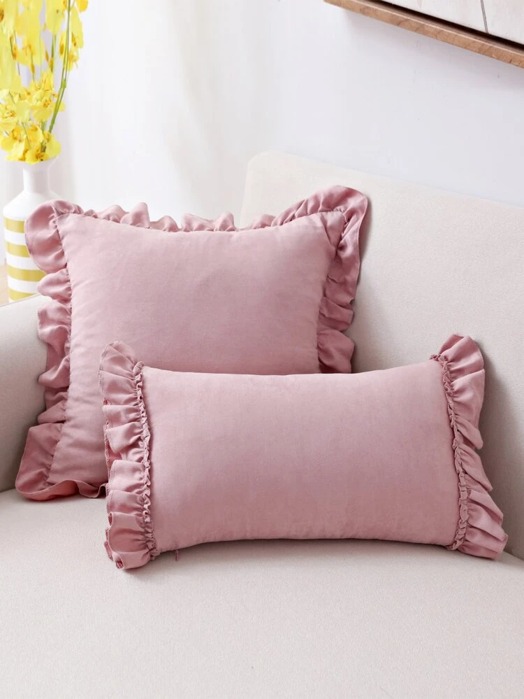 1pc Faux Suede Ruffled Pillow Cover Or Lumbar Cushion Cover, Fresh Floral Lace Trim Solid Color For Living Room, Sofa, Bedroom Decor (Insert Not Included)
