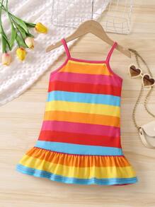 Toddler Girls Rainbow Striped Ruffle Hem Cami Dress - Multicolor - View 2