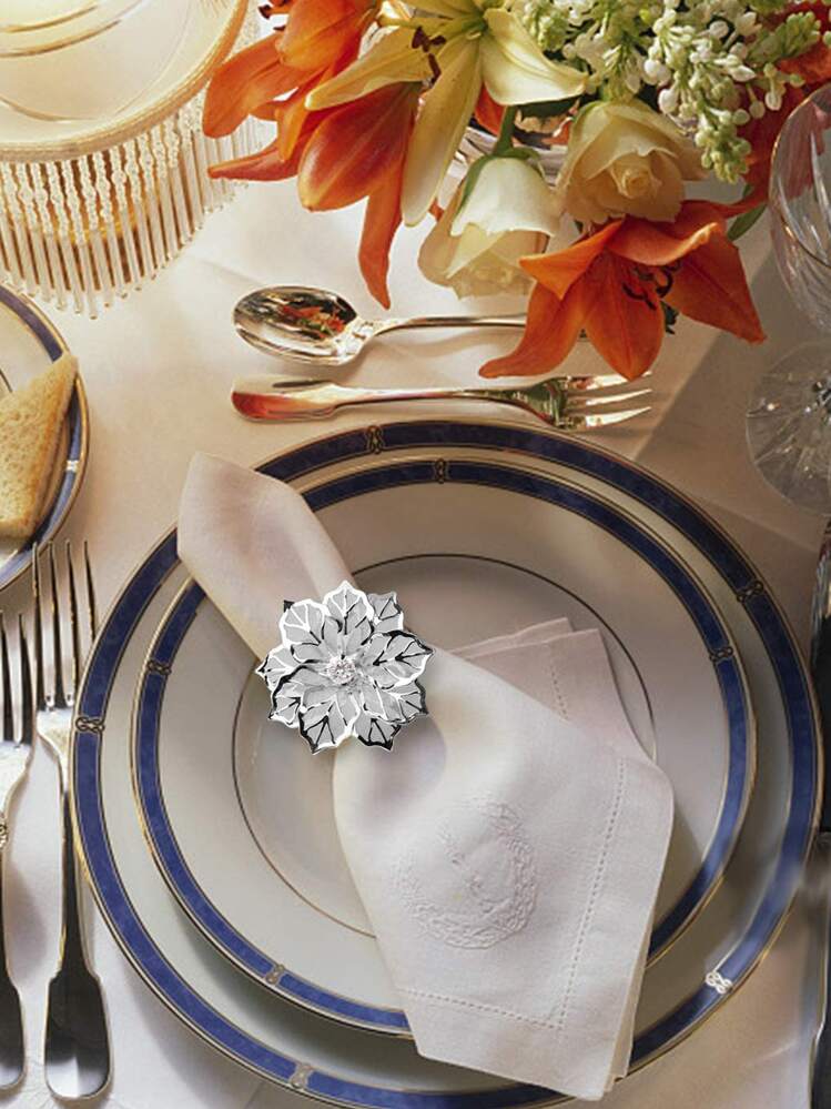 4pcs/set Stainless Steel Napkin Ring, Creative Rhinestone & Flower Decor Napkin Holder Ring For Party - Silver - View 5
