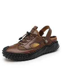 Men Cut Out Drawstring Design Slingback Sandals, Leisure Summer Handmade Sandals - Chocolate Brown - View 1