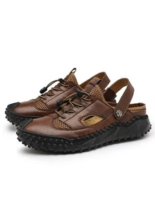 Men Cut Out Drawstring Design Slingback Sandals, Leisure Summer Handmade Sandals - Chocolate Brown - View 2