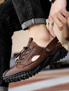 Men Cut Out Drawstring Design Slingback Sandals, Leisure Summer Handmade Sandals - Chocolate Brown - View 4