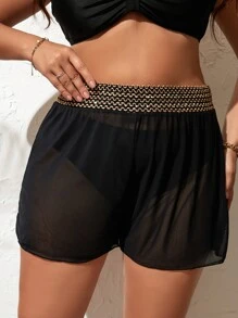 Swim Lushoire Summer Beach Plus Contrast Tape Mesh Cover Up Shorts - Black - View 1