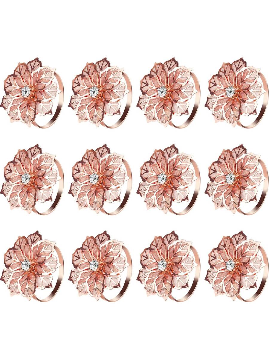 4pcs/set Stainless Steel Napkin Ring, Creative Rhinestone & Flower Decor Napkin Holder Ring For Party - Champagne - View 1