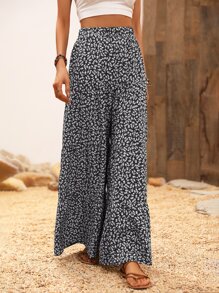 SHEIN Holidaya Pantalones de pierna ancha con estampado floral bajo con fruncido - Blanco y Negro - Ver 4