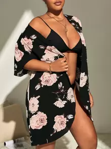 SHEIN Swim Curve Plus Floral Print Open Front Kimono - Black - View 1