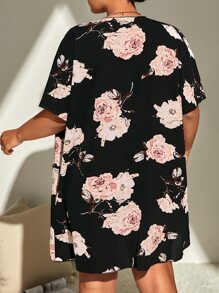 SHEIN Swim Curve Plus Floral Print Open Front Kimono - Black - View 2