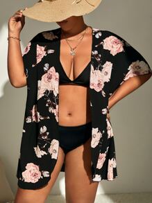 SHEIN Swim Curve Plus Floral Print Open Front Kimono - Black - View 4