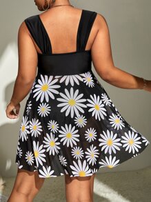 Swim Lushoire Plus Daisy Print Tankini Set Ruched Bust Belted Longline Tank Top & High Waist Bikini Bottom 2 Piece Swimsuit - Multicolor - View 2