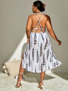 SHEIN 大码扎染吊带比基尼套装带罩衫夏季海滩 - 黑與白 - 查看 1