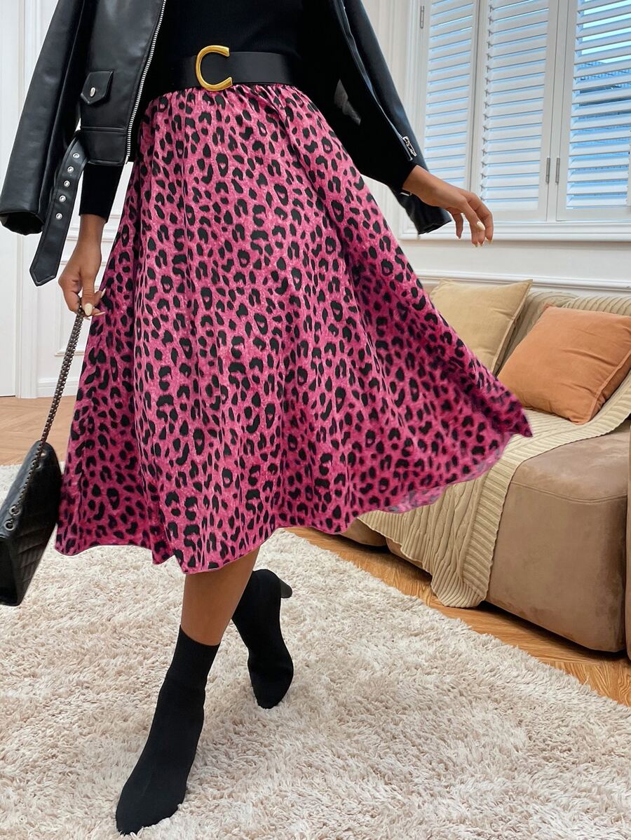 SHEIN LUNE Leopard Print Flare Skirt Without Belt - Hot Pink - View 1