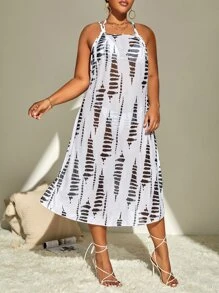 SHEIN 大码扎染吊带比基尼套装带罩衫夏季海滩 - 黑與白 - 查看 6