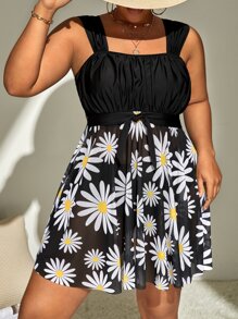 Swim Lushoire Plus Daisy Print Tankini Set Ruched Bust Belted Longline Tank Top & High Waist Bikini Bottom 2 Piece Swimsuit - Multicolor - View 6