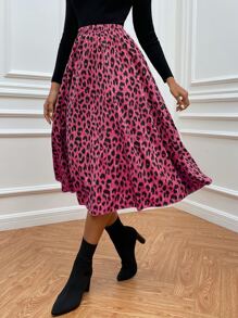 SHEIN LUNE Leopard Print Flare Skirt Without Belt - Hot Pink - View 3