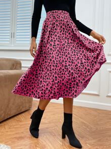 SHEIN LUNE Leopard Print Flare Skirt Without Belt - Hot Pink - View 6