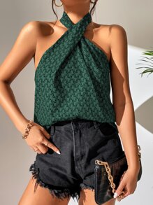 SHEIN Unity Allover Print Crisscross Halter Top - Dark Green - View 1