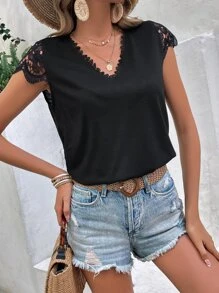 SHEIN Frenchy 拼接水溶蕾絲T恤 - 黑色 - 查看 5