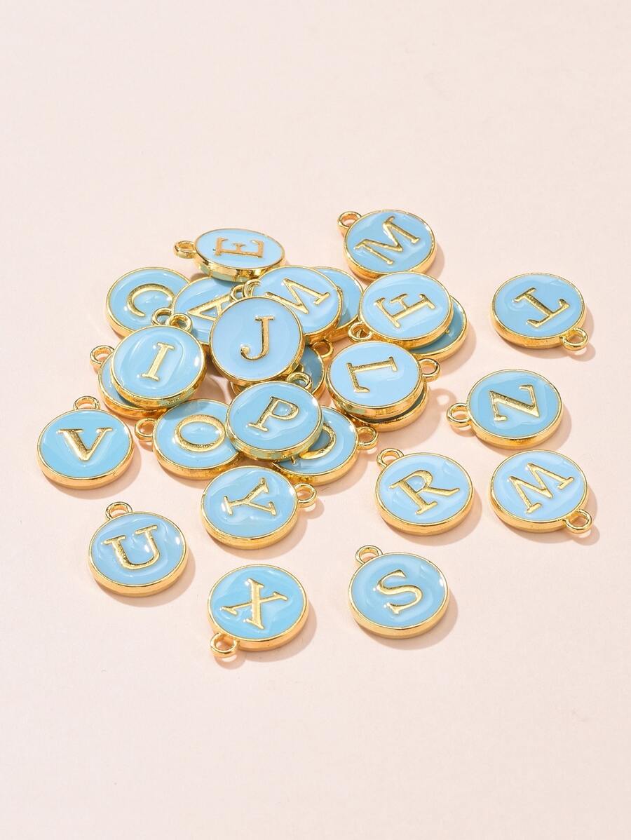 26pcs/set Alloy Enamel Charms Enamelled Sequins Flat Round with Alphabet Letter A~Z Turquoise Light Sky Blue Letter Detail Round DIY Pendant - Baby Blue - View 1