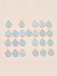 26pcs/set Alloy Enamel Charms Enamelled Sequins Flat Round with Alphabet Letter A~Z Turquoise Light Sky Blue Letter Detail Round DIY Pendant - Baby Blue - View 2