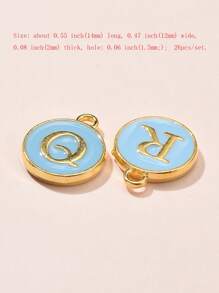 26pcs/set Alloy Enamel Charms Enamelled Sequins Flat Round with Alphabet Letter A~Z Turquoise Light Sky Blue Letter Detail Round DIY Pendant - Baby Blue - View 3