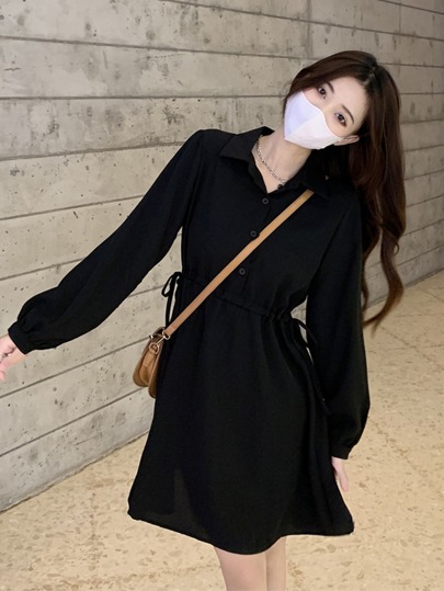 Solid Drawstring Waist Shirt Dress