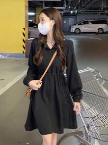 素色腰部抽繩襯衫洋裝