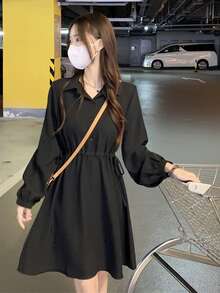 素色腰部抽繩襯衫洋裝