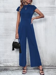 SHEIN Clasi Keyhole Neckline Wide Leg Jumpsuit - Blue - View 3