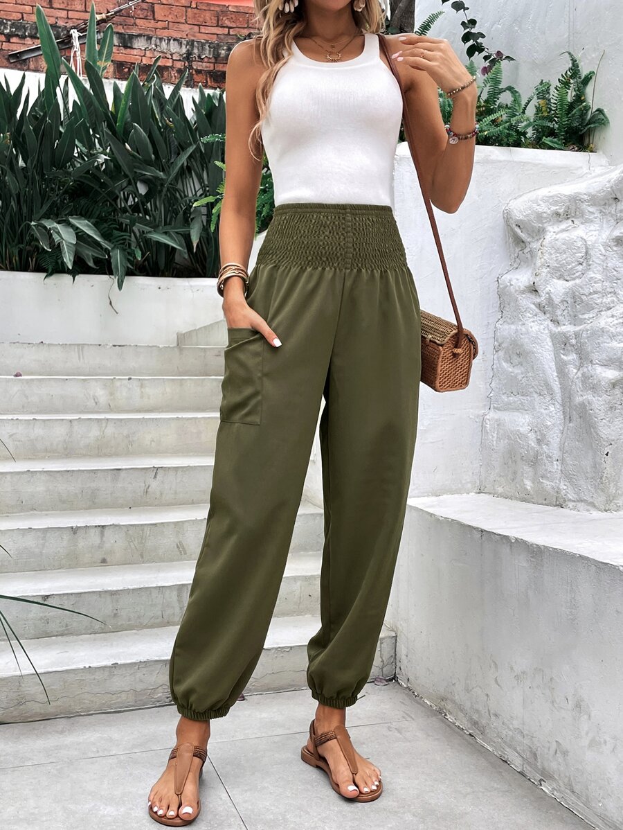 SHEIN Holidaya Solid Pocket Side Shirred Waist Jogger Pants Fall Cloth For Women - Green - View 1